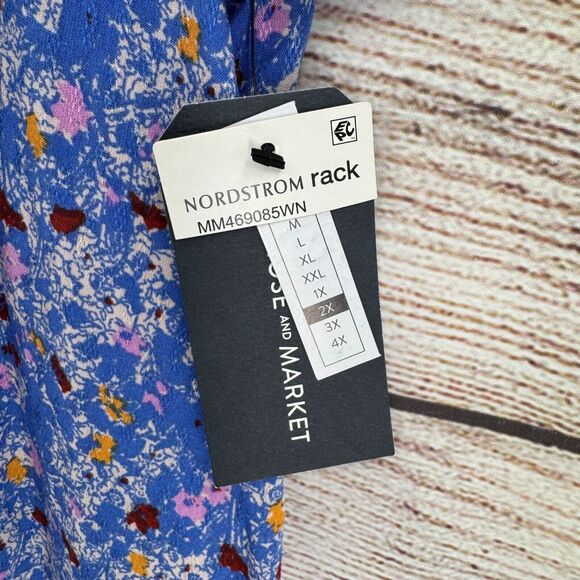 Melrose and Market Floral V-Neck Tie Front Blouse Women's 2X Blue NEW - Picture 8 of 10